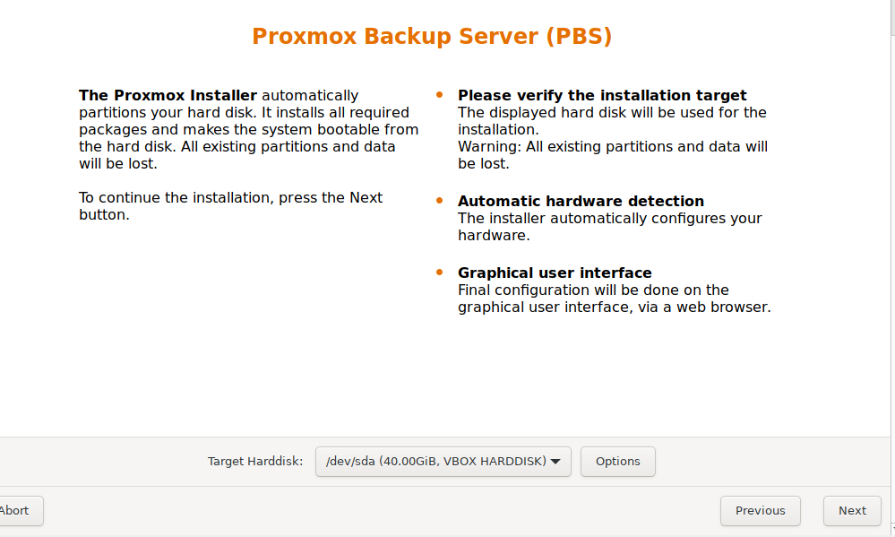 Seleccionando el disco par instalar proxmox backup server