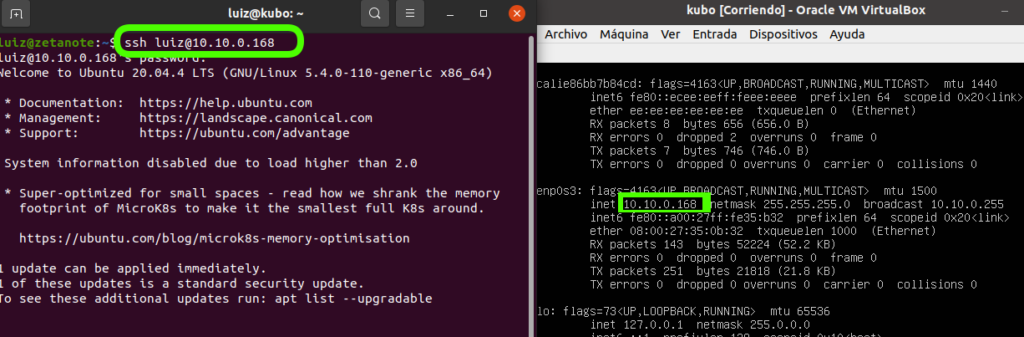 Izquierda: Terminal accediendo al servidor | Derecha Ubuntu Server sobre virtualbox